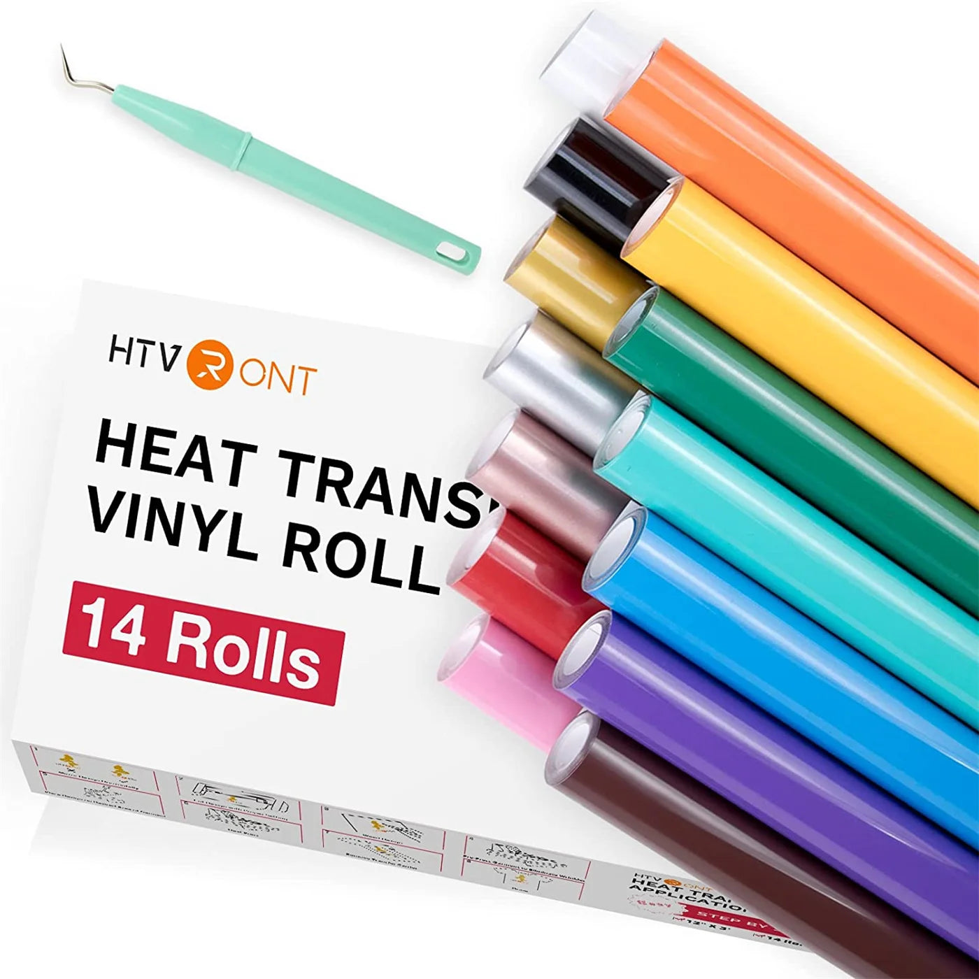 Cricut-Compatible: 14 HTV Rolls – 30 x 90 cm – Colourful PU Heat Transfer Vinyl Bundle for Iron-On on Textiles & Gifts