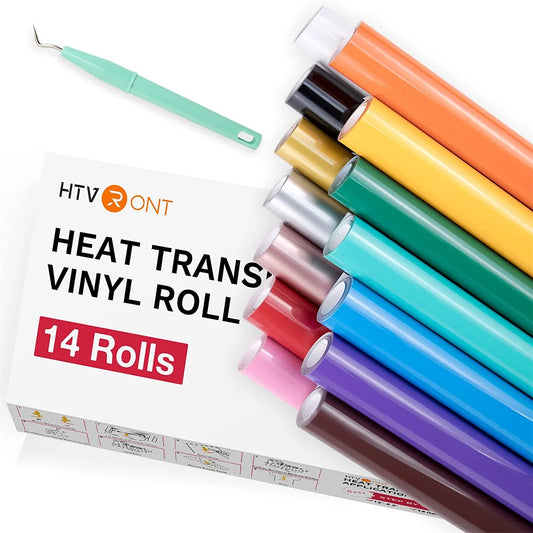 Cricut-Compatible: 14 HTV Rolls – 30 x 90 cm – Colourful PU Heat Transfer Vinyl Bundle for Iron-On on Textiles & Gifts