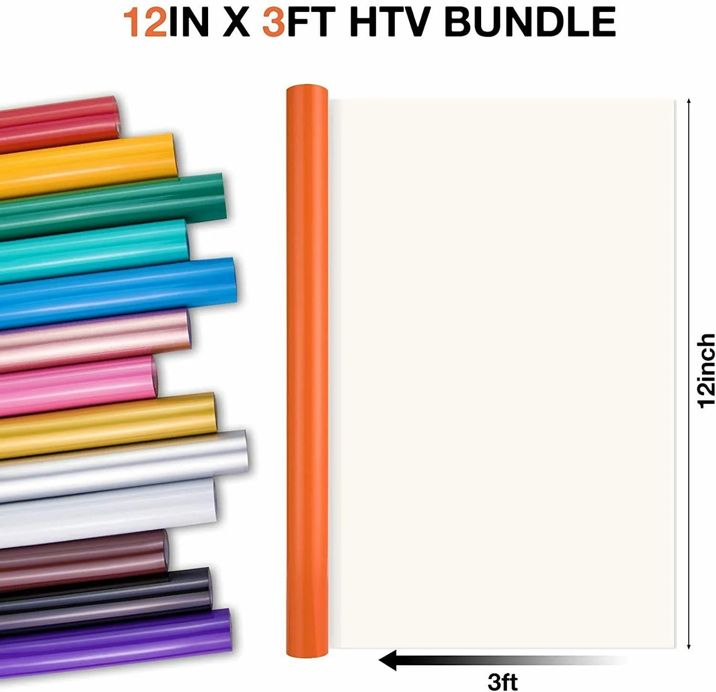 Cricut-Compatible: 14 HTV Rolls – 30 x 90 cm – Colourful PU Heat Transfer Vinyl Bundle for Iron-On on Textiles & Gifts