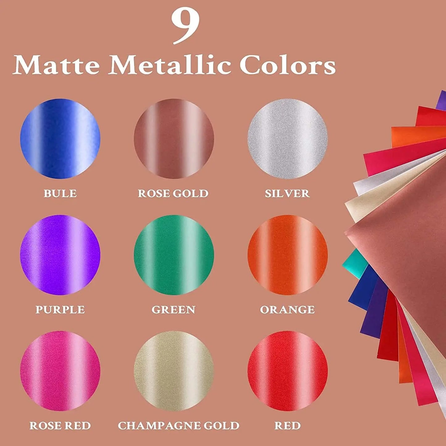 Cricut-Compatible: 9pcs 30×30cm Matte Metallic Permanent Adhesive Vinyl Bundle – Sticky Sheets for Plotter & DIY Crafts